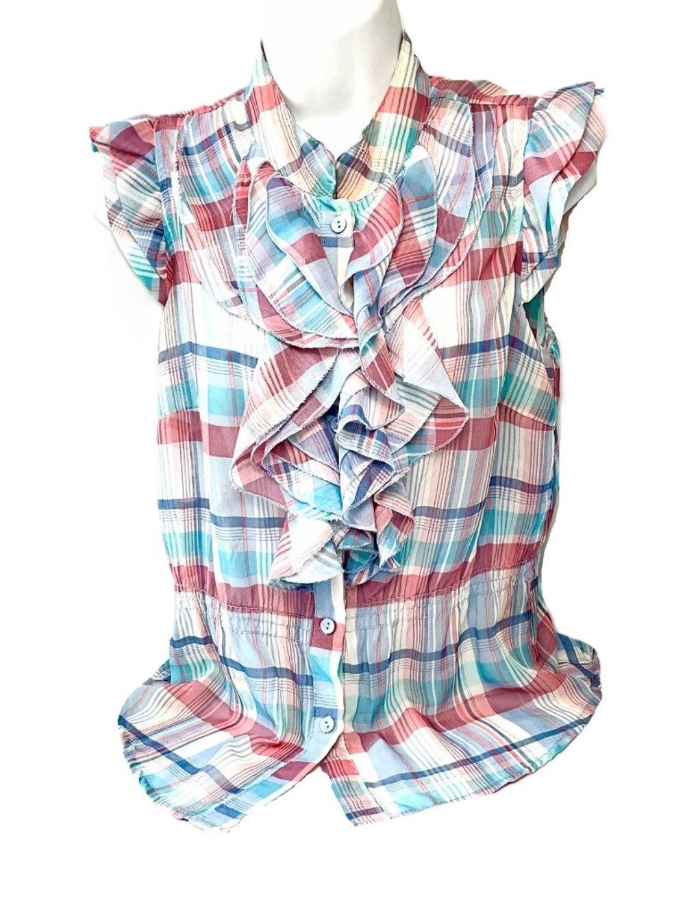 Paper Tee Plaid Ruffle Sleeveless Button Front Blouse Top Size L